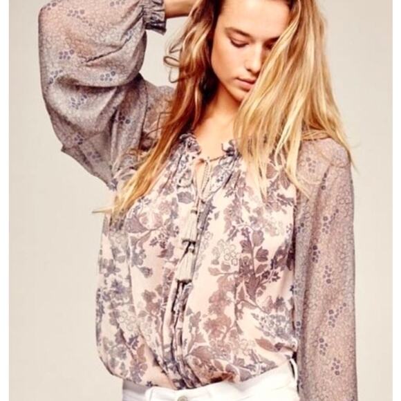 FREE PEOPLE Tassel Top Neutral Cream Floral Blouse Top Shirt – Small - Picture 1 of 13